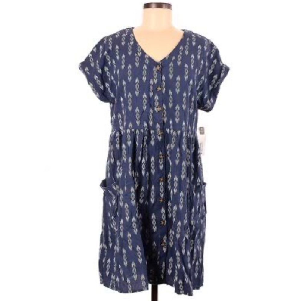 Navy Printed Short Sleeve V-Neck Midi Dress